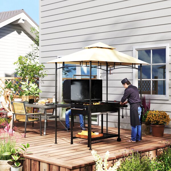 Outsunny 8' x 5' Grill Gazebo, Double Tiered BBQ Gazebo Shelter Canopy with LED Lights, 2 Side Shelves, Hooks, Beige