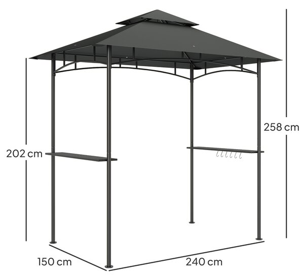 Outsunny 8' x 5' Grill Gazebo, Double Tiered BBQ Gazebo Shelter Canopy with LED Lights, 2 Side Shelves, Hooks, Dark Grey