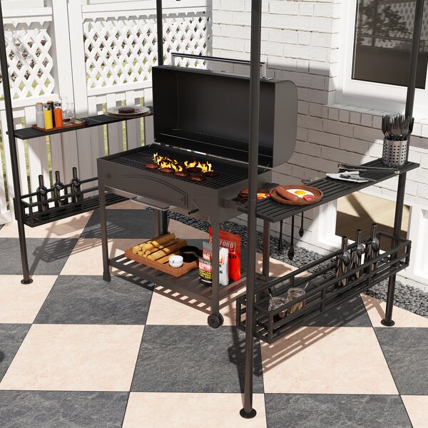 Outsunny 8' x 5' Grill Gazebo Canopy, Double Tiered Outdoor BBQ Gazebo Shelter with 2 Shelves, Storage Baskets, Hook for Barbecue, Picnic, Beige