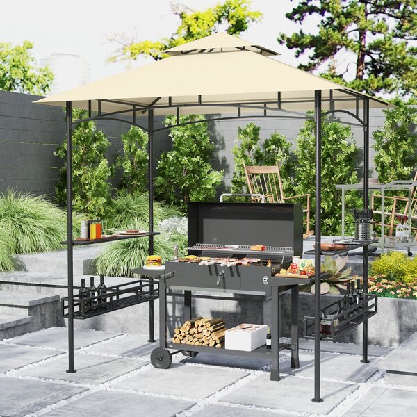 Outsunny 8' x 5' Grill Gazebo Canopy, Double Tiered Outdoor BBQ Gazebo Shelter with 2 Shelves, Storage Baskets, Hook for Barbecue, Picnic, Beige