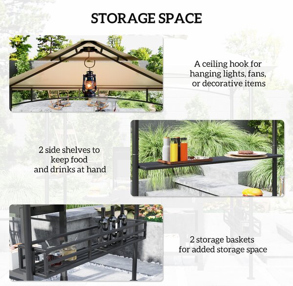 Outsunny 8' x 5' Grill Gazebo Canopy, Double Tiered Outdoor BBQ Gazebo Shelter with 2 Shelves, Storage Baskets, Hook for Barbecue, Picnic, Beige