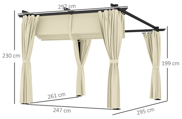 Outsunny 3 x 3 m Retractable Roof Pergola, with Curtains - Beige