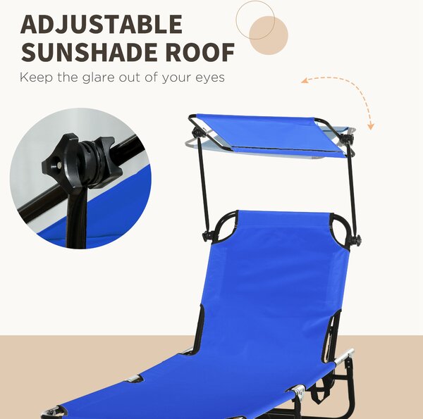 Outsunny 2 Piece Folding Sun Loungers with Canopy, Adjustable Recliner Garden Chairs with Breathable Mesh for Outdoor, Pool, Beach, Garden, Blue