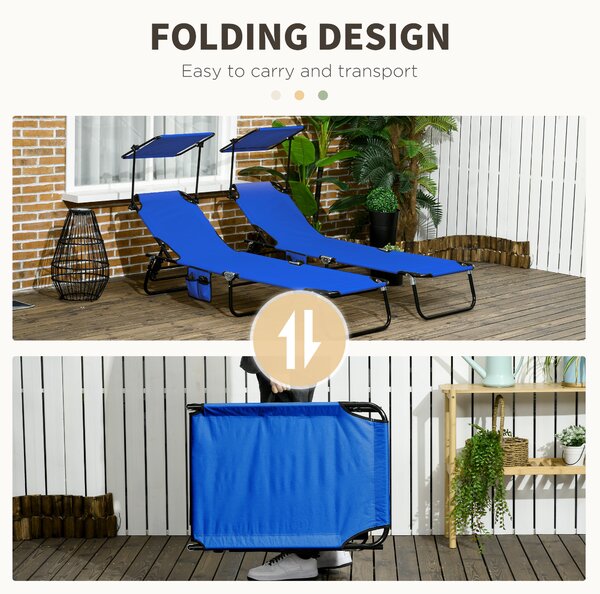 Outsunny 2 Piece Folding Sun Loungers with Canopy, Adjustable Recliner Garden Chairs with Breathable Mesh for Outdoor, Pool, Beach, Garden, Blue