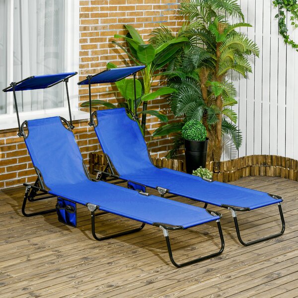Outsunny 2 Piece Folding Sun Loungers with Canopy, Adjustable Recliner Garden Chairs with Breathable Mesh for Outdoor, Pool, Beach, Garden, Blue