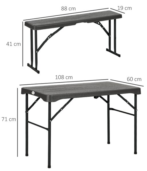 Outsunny Folding Picnic Table with 2 Benches, 3-Piece Portable Garden Furniture Set for 4, Dining Table Set with Plastic Top, Steel Frame, Dark Grey