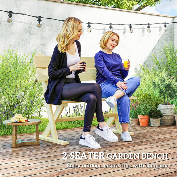 Outsunny 2 Seater Wooden Garden Bench, Fir Wood Outdoor Bench with Slatted Seat, Sloping Back and Wide Feet for Patio, Park, Natural Wood