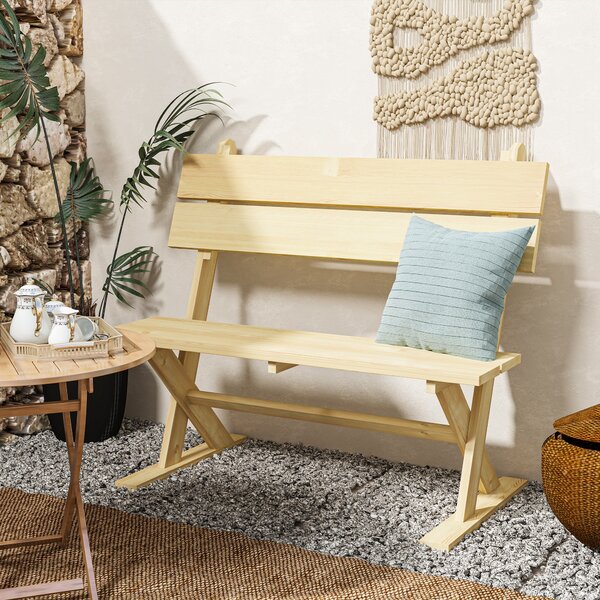Outsunny 2 Seater Wooden Garden Bench, Fir Wood Outdoor Bench with Slatted Seat, Sloping Back and Wide Feet for Patio, Park, Natural Wood