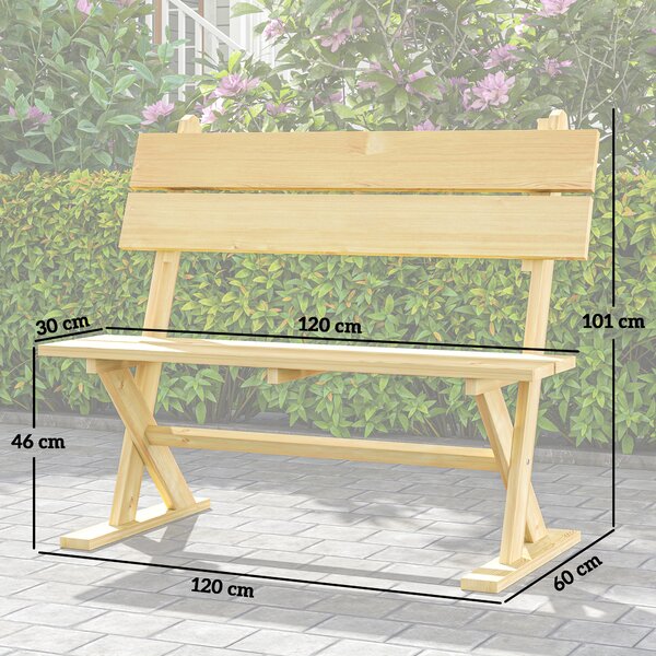 Outsunny 2 Seater Wooden Garden Bench, Fir Wood Outdoor Bench with Slatted Seat, Sloping Back and Wide Feet for Patio, Park, Natural Wood