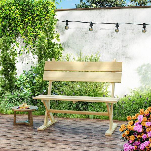 Outsunny 2 Seater Wooden Garden Bench, Fir Wood Outdoor Bench with Slatted Seat, Sloping Back and Wide Feet for Patio, Park, Natural Wood