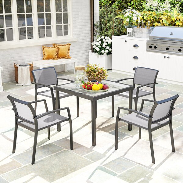 Outsunny 5 Piece Garden Furniture Set with 4 Stackable Armchairs, Easy Clean Top, Steel Frame, Texteline Seat, Grey