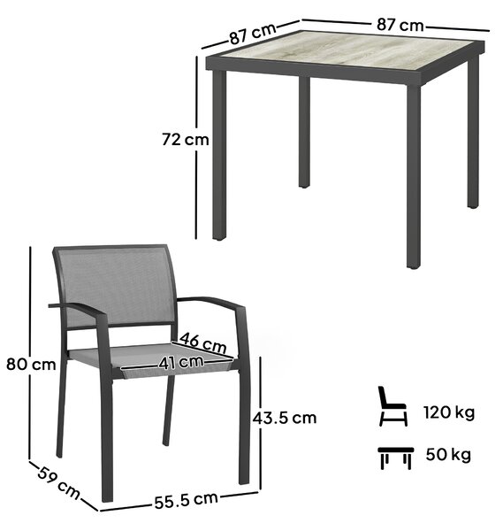 Outsunny 5 Piece Garden Furniture Set with 4 Stackable Armchairs, Easy Clean Top, Steel Frame, Texteline Seat, Grey