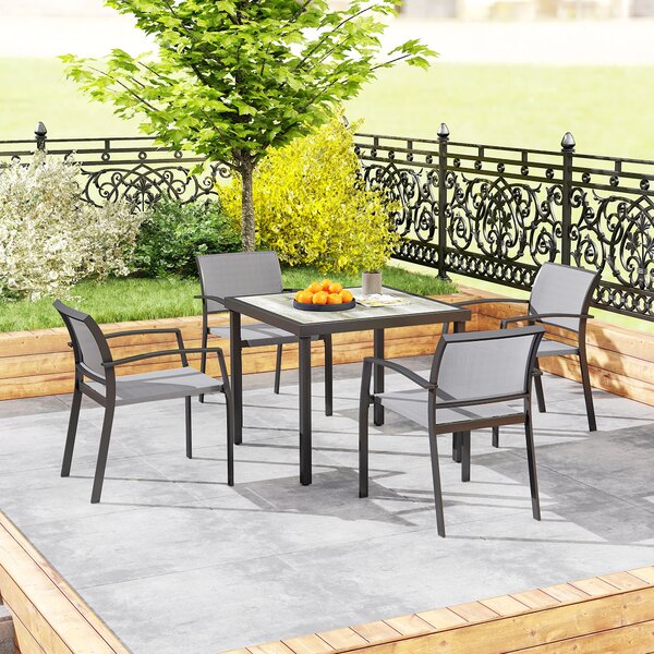 Outsunny 5 Piece Garden Furniture Set with 4 Stackable Armchairs, Easy Clean Top, Steel Frame, Texteline Seat, Grey
