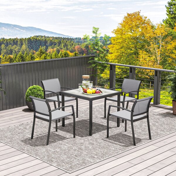 Outsunny 5 Piece Garden Furniture Set with 4 Stackable Armchairs, Easy Clean Top, Steel Frame, Texteline Seat, Grey