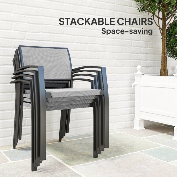 Outsunny 5 Piece Garden Furniture Set with 4 Stackable Armchairs, Easy Clean Top, Steel Frame, Texteline Seat, Grey