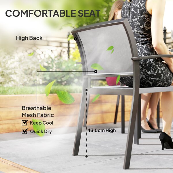 Outsunny 5 Piece Garden Furniture Set with 4 Stackable Armchairs, Easy Clean Top, Steel Frame, Texteline Seat, Grey