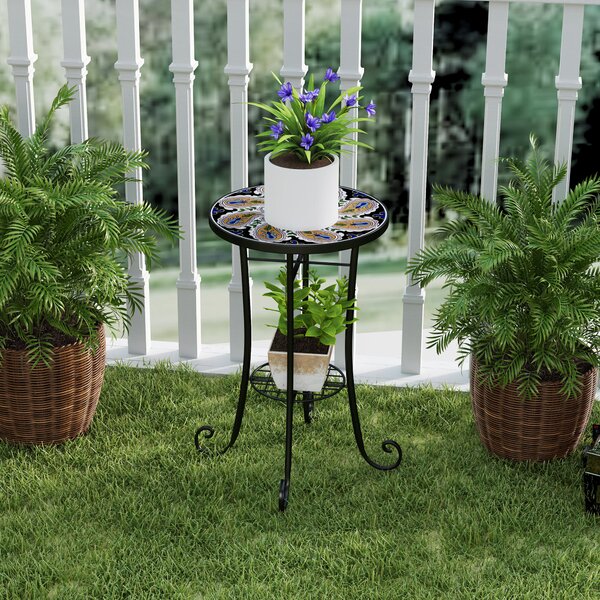 Outsunny Mosaic Garden Table, 35.5 cm Round Outdoor Table with Shelf, Ceramic Tile Top, Bistro Table Plant Stand for Indoor, Patio, Balcony, Orange