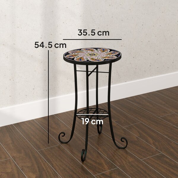 Outsunny Mosaic Garden Table, 35.5 cm Round Outdoor Table with Shelf, Ceramic Tile Top, Bistro Table Plant Stand for Indoor, Patio, Balcony, Orange