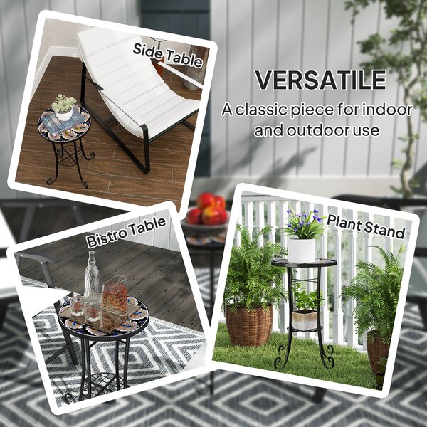 Outsunny Mosaic Garden Table, 35.5 cm Round Outdoor Table with Shelf, Ceramic Tile Top, Bistro Table Plant Stand for Indoor, Patio, Balcony, Orange
