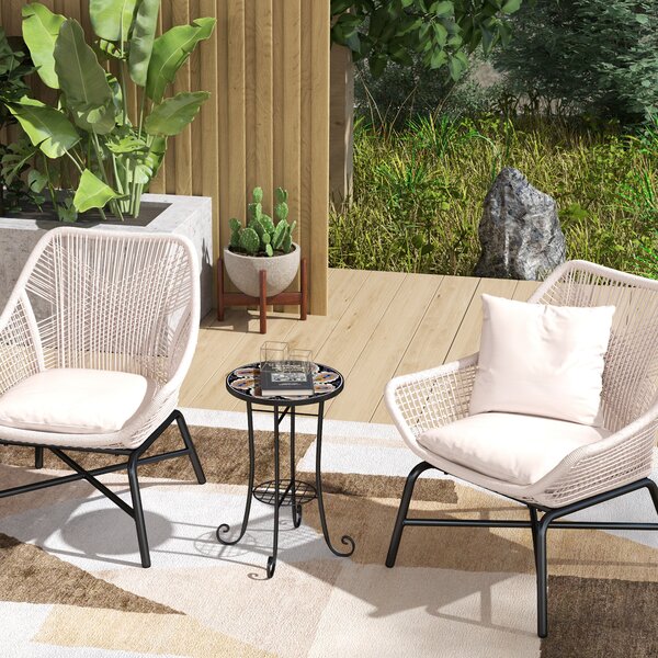 Outsunny Mosaic Garden Table, 35.5 cm Round Outdoor Table with Shelf, Ceramic Tile Top, Bistro Table Plant Stand for Indoor, Patio, Balcony, Orange