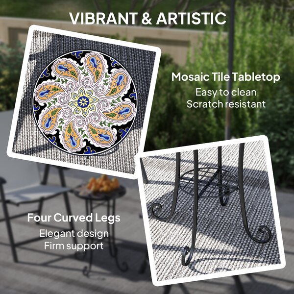 Outsunny Mosaic Garden Table, 35.5 cm Round Outdoor Table with Shelf, Ceramic Tile Top, Bistro Table Plant Stand for Indoor, Patio, Balcony, Orange