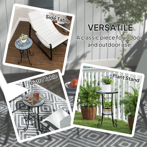 Outsunny Mosaic Garden Table, 35.5 cm Round Outdoor Table with Shelf, Ceramic Tile Top, Small Garden Side Table for Indoor, Patio, Balcony, Blue