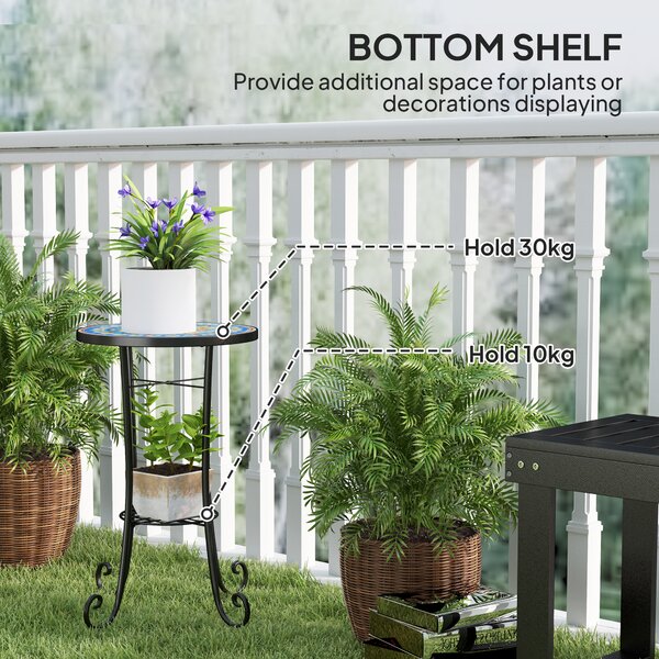 Outsunny Mosaic Garden Table, 35.5 cm Round Outdoor Table with Shelf, Ceramic Tile Top, Small Garden Side Table for Indoor, Patio, Balcony, Blue
