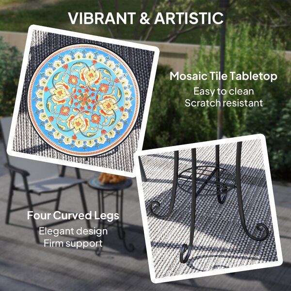 Outsunny Mosaic Garden Table, 35.5 cm Round Outdoor Table with Shelf, Ceramic Tile Top, Small Garden Side Table for Indoor, Patio, Balcony, Blue
