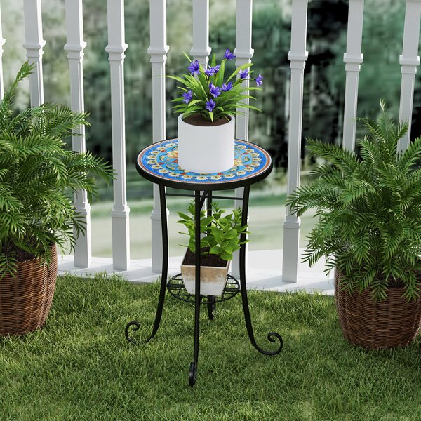 Outsunny Mosaic Garden Table, 35.5 cm Round Outdoor Table with Shelf, Ceramic Tile Top, Small Garden Side Table for Indoor, Patio, Balcony, Blue