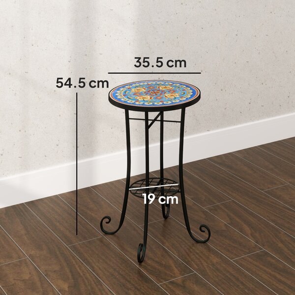 Outsunny Mosaic Garden Table, 35.5 cm Round Outdoor Table with Shelf, Ceramic Tile Top, Small Garden Side Table for Indoor, Patio, Balcony, Blue
