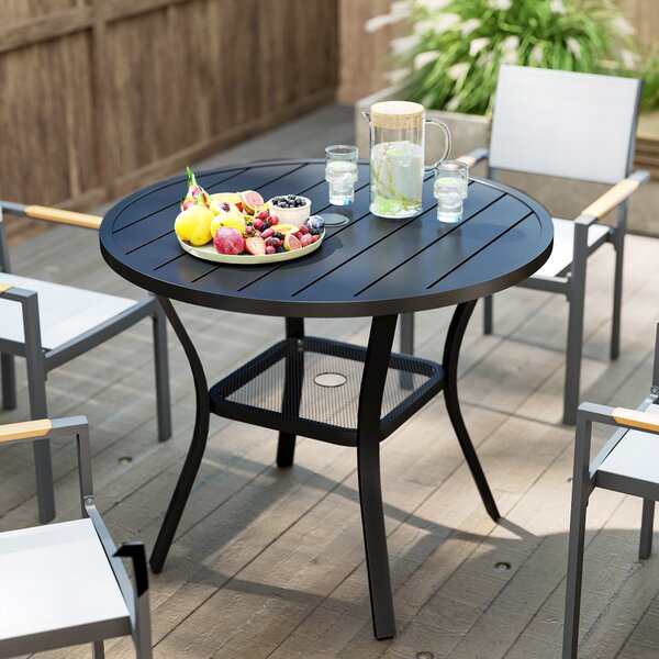 Outsunny 90 cm Garden Dining Table with 4-5 cm Parasol Hole, Round Outdoor Dining Table with Slatted Metal Top for Balcony, Porch, Black