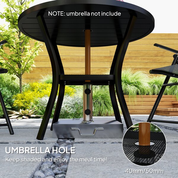 Outsunny 90 cm Garden Dining Table with 4-5 cm Parasol Hole, Round Outdoor Dining Table with Slatted Metal Top for Balcony, Porch, Black