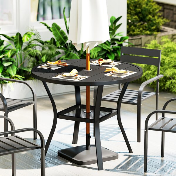 Outsunny 90 cm Garden Dining Table with 4-5 cm Parasol Hole, Round Outdoor Dining Table with Slatted Metal Top for Balcony, Porch, Black