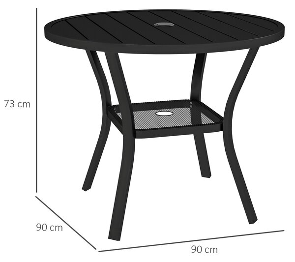 Outsunny 90 cm Garden Dining Table with 4-5 cm Parasol Hole, Round Outdoor Dining Table with Slatted Metal Top for Balcony, Porch, Black