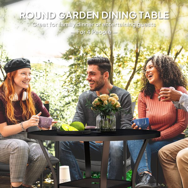 Outsunny 90 cm Garden Dining Table with 4-5 cm Parasol Hole, Round Outdoor Dining Table with Slatted Metal Top for Balcony, Porch, Black