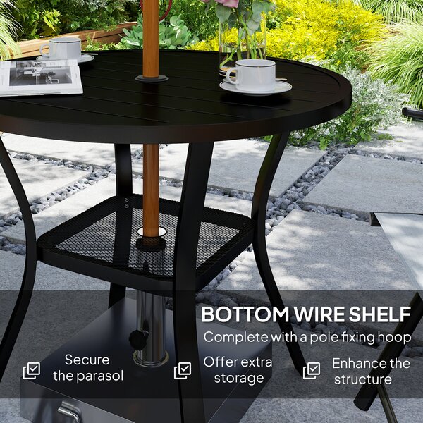 Outsunny 90 cm Garden Dining Table with 4-5 cm Parasol Hole, Round Outdoor Dining Table with Slatted Metal Top for Balcony, Porch, Black