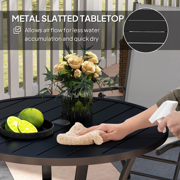 Outsunny 90 cm Garden Dining Table with 4-5 cm Parasol Hole, Round Outdoor Dining Table with Slatted Metal Top for Balcony, Porch, Black