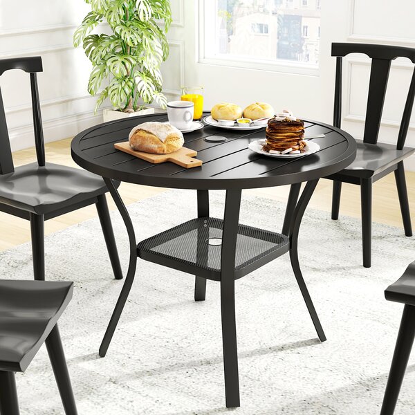 Outsunny 90 cm Garden Dining Table with 4-5 cm Parasol Hole, Round Outdoor Dining Table with Slatted Metal Top for Balcony, Porch, Black