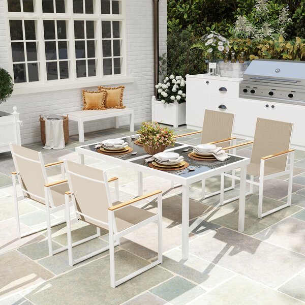 Outsunny 5 Piece Garden Furniture Set, Outdoor Patio Set with 4 Armchairs & Tempered Glass Table, Ideal for Deck, Balcony & Garden Aosom UK