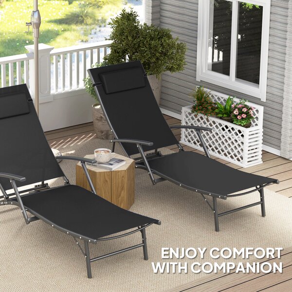 Outsunny Set of 2 Folding Sun Loungers for Garden, Adjustable Outdoor Chaise Lounge Chairs with Armrests, Pillows, Sunbed Recliners, Black