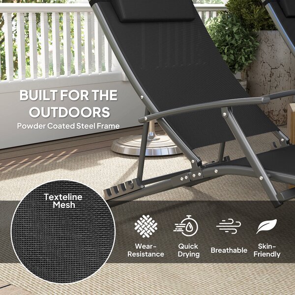 Outsunny Set of 2 Folding Sun Loungers for Garden, Adjustable Outdoor Chaise Lounge Chairs with Armrests, Pillows, Sunbed Recliners, Black