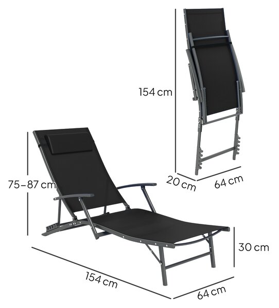Outsunny Set of 2 Folding Sun Loungers for Garden, Adjustable Outdoor Chaise Lounge Chairs with Armrests, Pillows, Sunbed Recliners, Black