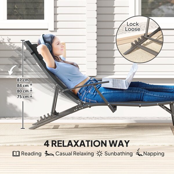 Outsunny Set of 2 Folding Sun Loungers for Garden, Adjustable Outdoor Chaise Lounge Chairs with Armrests, Pillows, Sunbed Recliners, Black