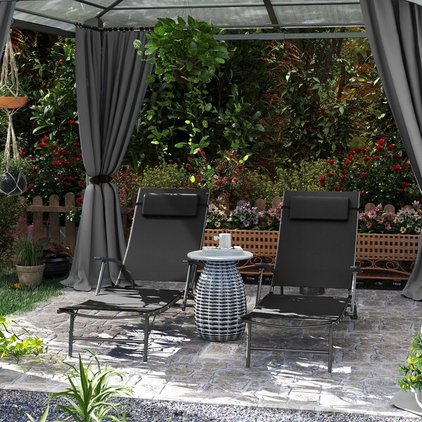 Outsunny Set of 2 Folding Sun Loungers for Garden, Adjustable Outdoor Chaise Lounge Chairs with Armrests, Pillows, Sunbed Recliners, Black