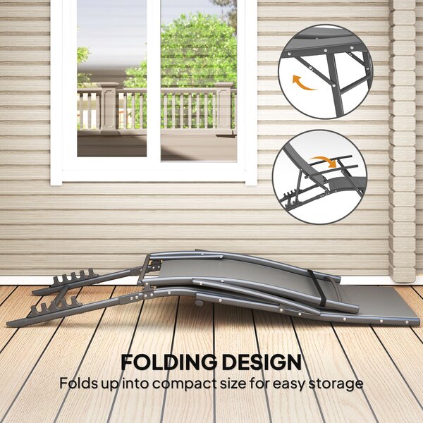 Outsunny Set of 2 Folding Sun Loungers for Garden, 4 Positions Adjustable Outdoor Chaise Lounge Chairs with Armrests, Pillows, Grey