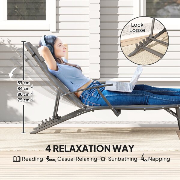 Outsunny Set of 2 Folding Sun Loungers for Garden, 4 Positions Adjustable Outdoor Chaise Lounge Chairs with Armrests, Pillows, Grey