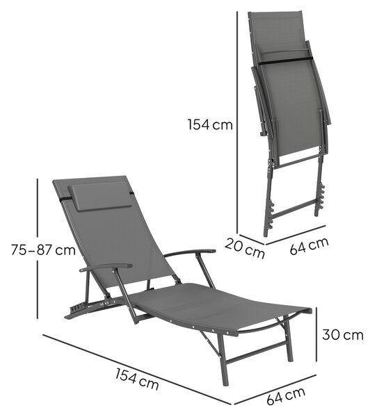 Outsunny Set of 2 Folding Sun Loungers for Garden, 4 Positions Adjustable Outdoor Chaise Lounge Chairs with Armrests, Pillows, Grey