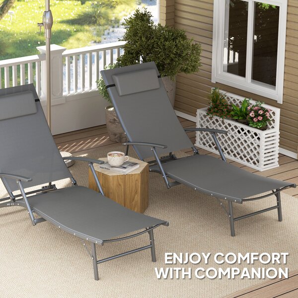 Outsunny Set of 2 Folding Sun Loungers for Garden, 4 Positions Adjustable Outdoor Chaise Lounge Chairs with Armrests, Pillows, Grey