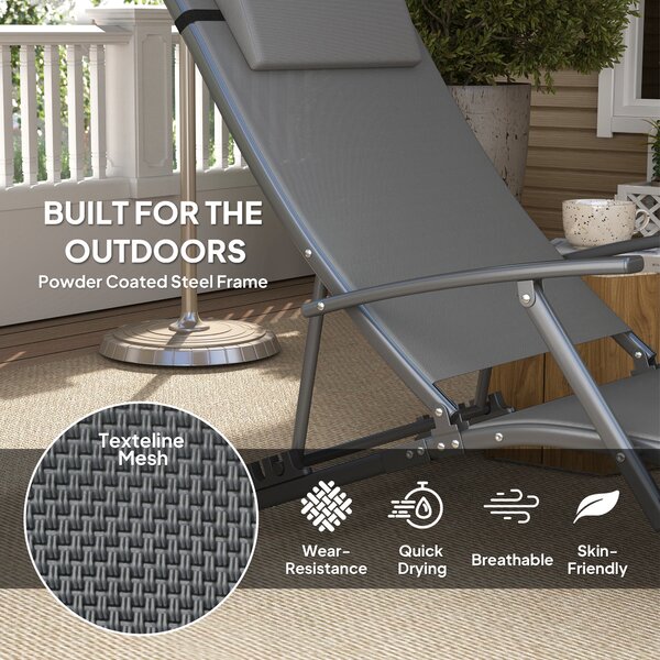 Outsunny Set of 2 Folding Sun Loungers for Garden, 4 Positions Adjustable Outdoor Chaise Lounge Chairs with Armrests, Pillows, Grey