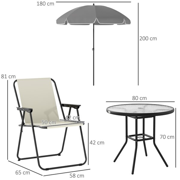 Outsunny 4 Seater Garden Furniture Set, Outdoor Garden Dining Set with Folding Chairs and Round Glass Top Table for Patio, Cream White